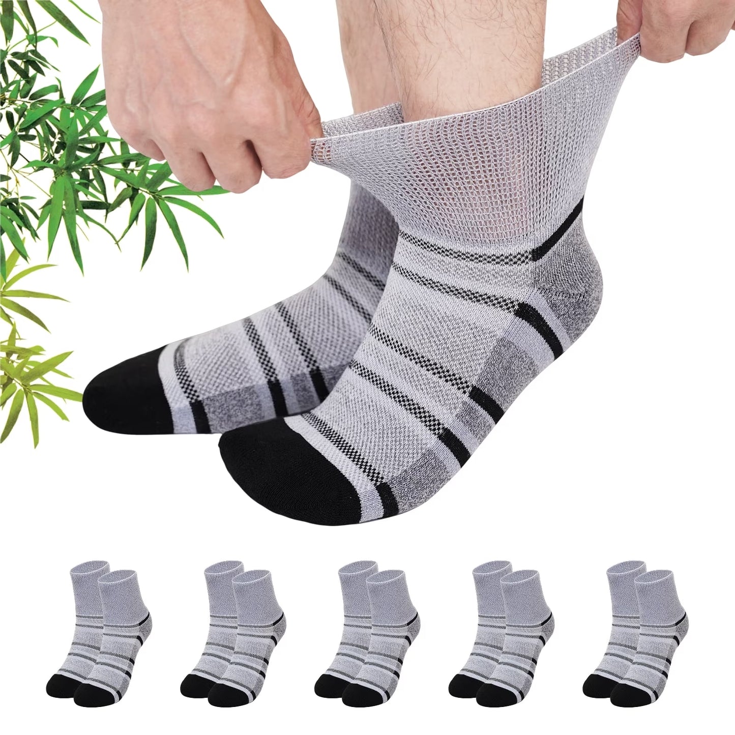 AMITOFO Bamboo Viscose Diabetic Socks for Men—Striped Non Binding Moisture Wicking Ankle Socks, Wide Open Top& Seamless Toe, 5 Pairs