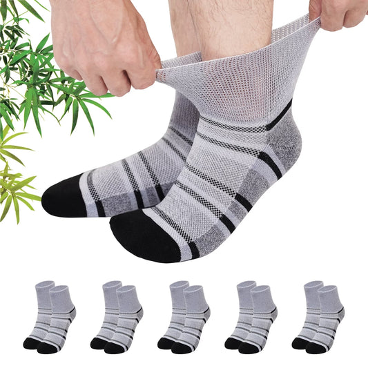 AMITOFO Bamboo Viscose Diabetic Socks for Men—Striped Non Binding Moisture Wicking Ankle Socks, Wide Open Top& Seamless Toe, 5 Pairs