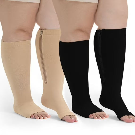 Compression Socks for Women: AMITOFO Open Toe Compression Socks for Women Men 20 30 mmHg with Zipper - Toeless Compression Socks Wide Calf Plus Size Improves Blood Circulation Relieves Swell