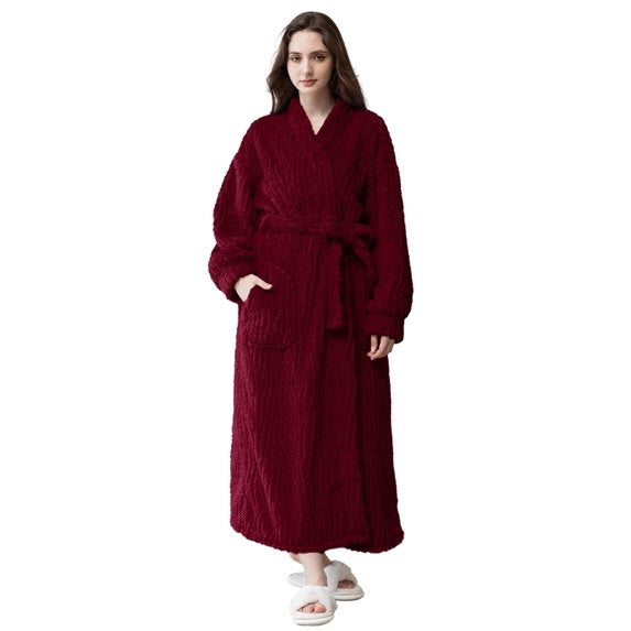 Women's Hooded Plush Robe – Soft Warm Fleece Long Bathrobe, Cozy Spa Housecoat with Pockets