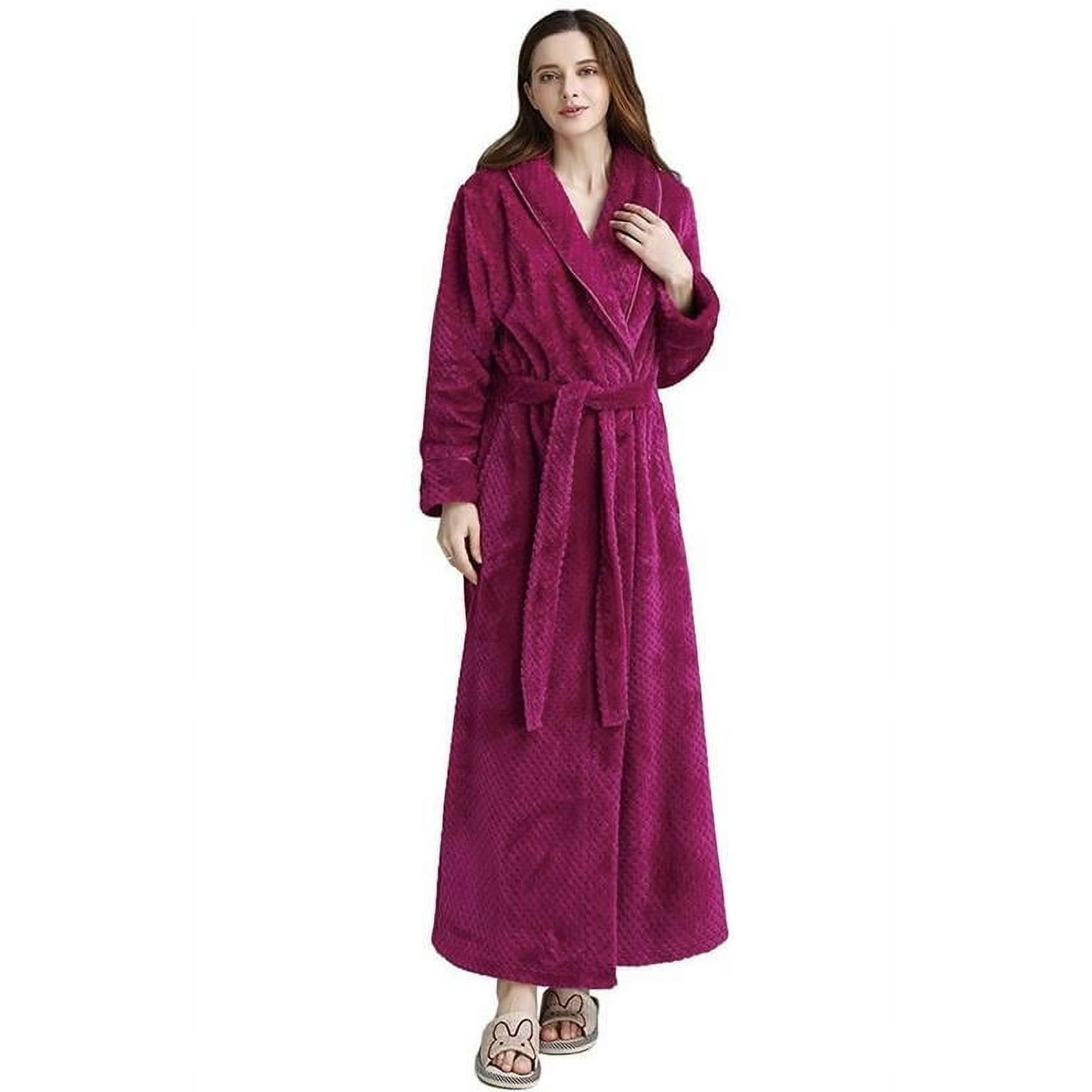 Fleece Robe for Women Soft Warm Long Plush Bathrobe Slim Elastic Waist ...