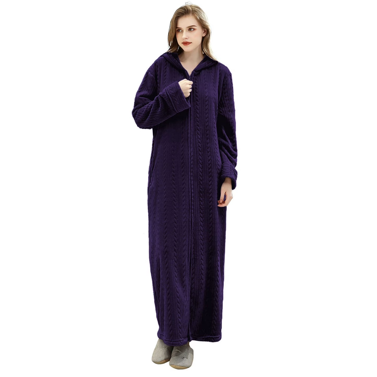 ZFSOCK Hooded Flannel Zip Up Dressing Gown Bathrobe For Men and Women