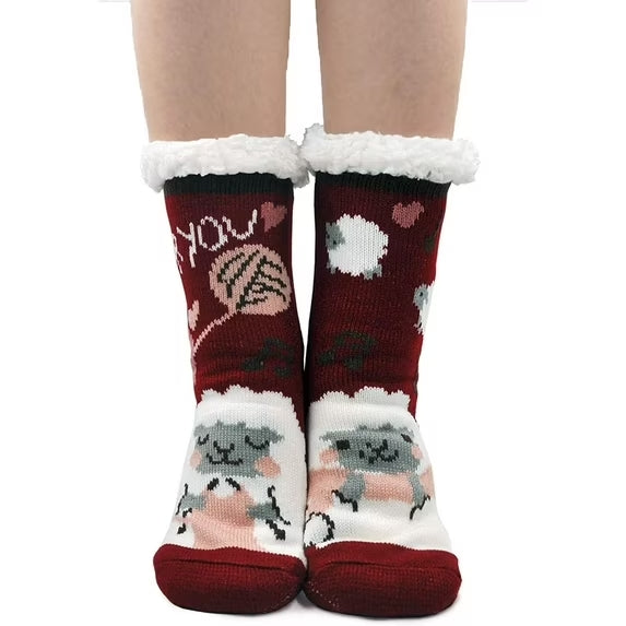 Slipper Socks for Women Winter Warm Fuzzy Sherpa Socks Non Slip Grips Cartoon Animals Fluffy Floor Socks Womens Girls Xmas Gift