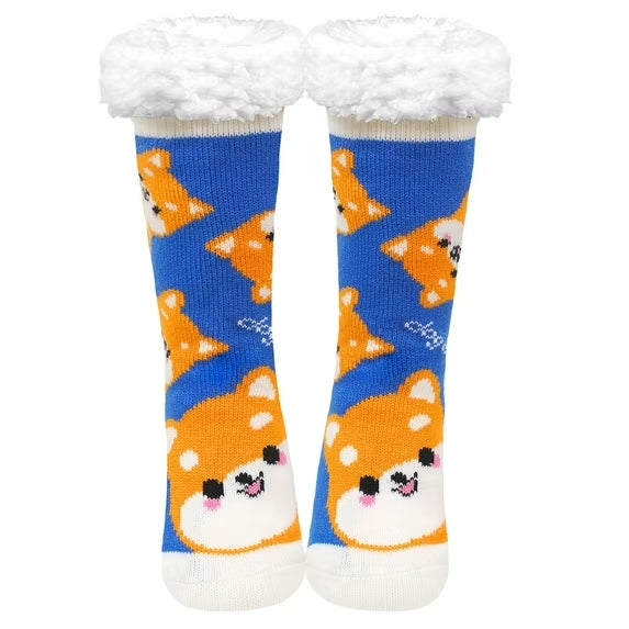 Fuzzy Slipper Socks for Women with Grippers – Thick Knit Non-Slip Women's Slipper Socks with Cute Cat & Dog Patterns, Warm Cozy Indoor House Socks