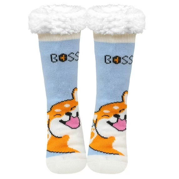 Fuzzy Slipper Socks for Women with Grippers – Thick Knit Non-Slip Women's Slipper Socks with Cute Cat & Dog Patterns, Warm Cozy Indoor House Socks