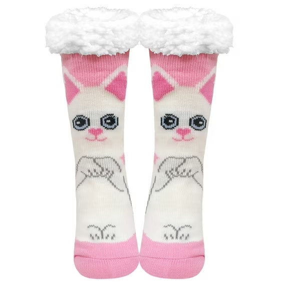 Fuzzy Slipper Socks for Women with Grippers – Thick Knit Non-Slip Women's Slipper Socks with Cute Cat & Dog Patterns, Warm Cozy Indoor House Socks