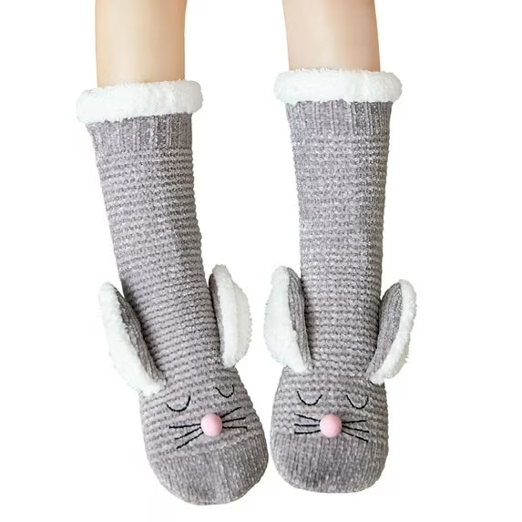 Womens Fuzzy Warm Sherpa Slipper Socks Cute 3D Cartoon Rabbit Fleece Lined Sleeping Mid Calf Socks For Ladies Girls Winter Christmas Gifts