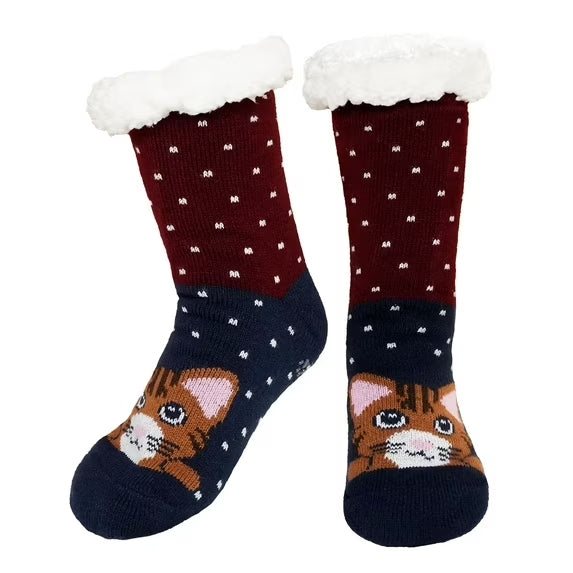 Winter Warm Fuzzy Sherpa Socks Non Slip Grips Cartoon Animals Thick Cozy Fluffy Fleece Floor Socks with Grippers, 9-11