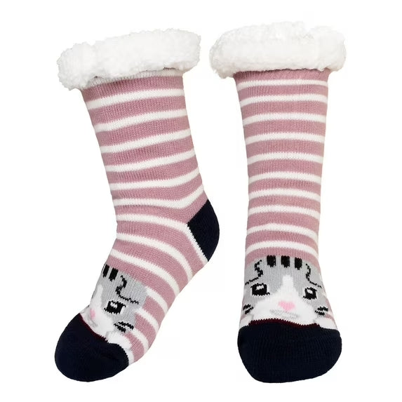 Winter Warm Fuzzy Sherpa Socks Non Slip Grips Cartoon Animals Thick Cozy Fluffy Fleece Floor Socks with Grippers, 9-11