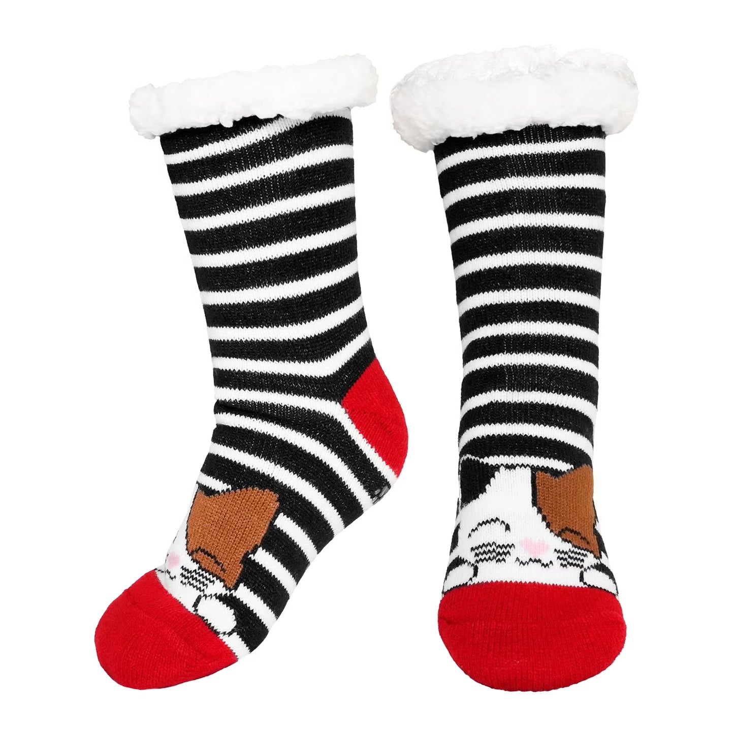 Winter Warm Fuzzy Sherpa Socks Non Slip Grips Cartoon Animals Thick Cozy Fluffy Fleece Floor Socks with Grippers, 9-11