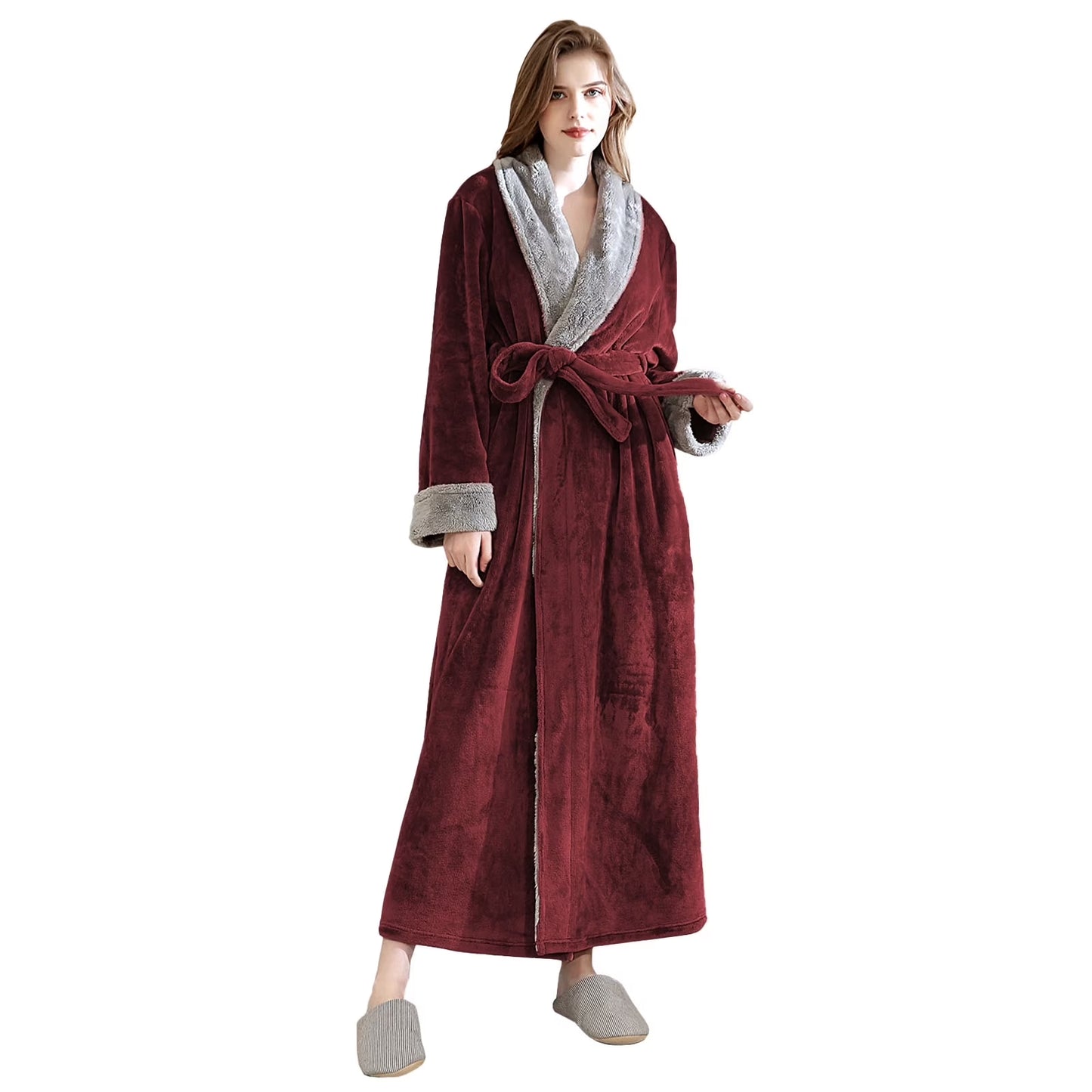 Women's Fleece Long Robe Warm Flannel Sherpa Trim Plush Bathrobe with Belt Pockets