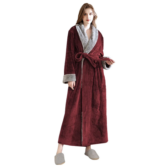 Women's Fleece Long Robe Warm Flannel Sherpa Trim Plush Bathrobe with Belt Pockets