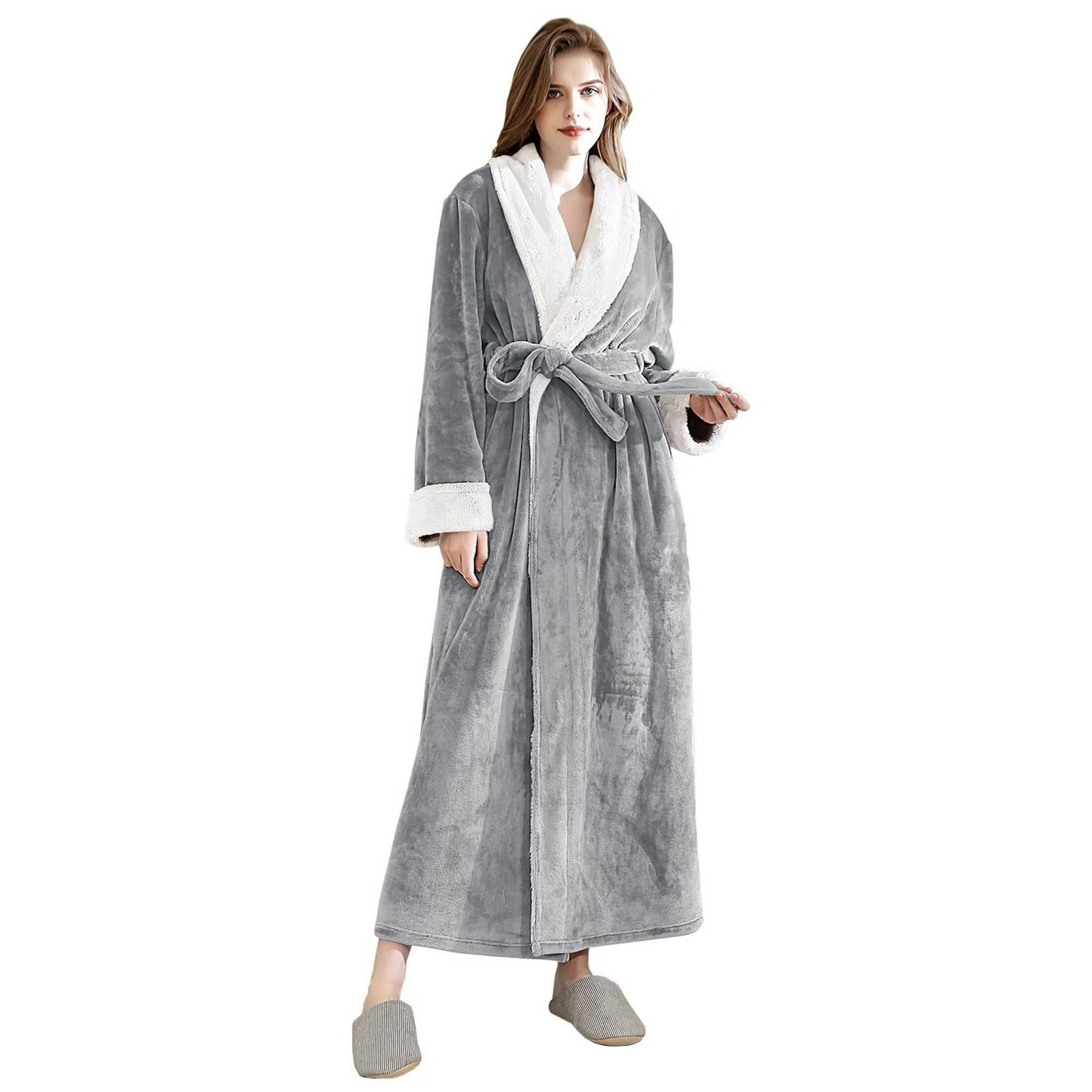 Women's Fleece Long Robe Warm Flannel Sherpa Trim Plush Bathrobe with Belt Pockets