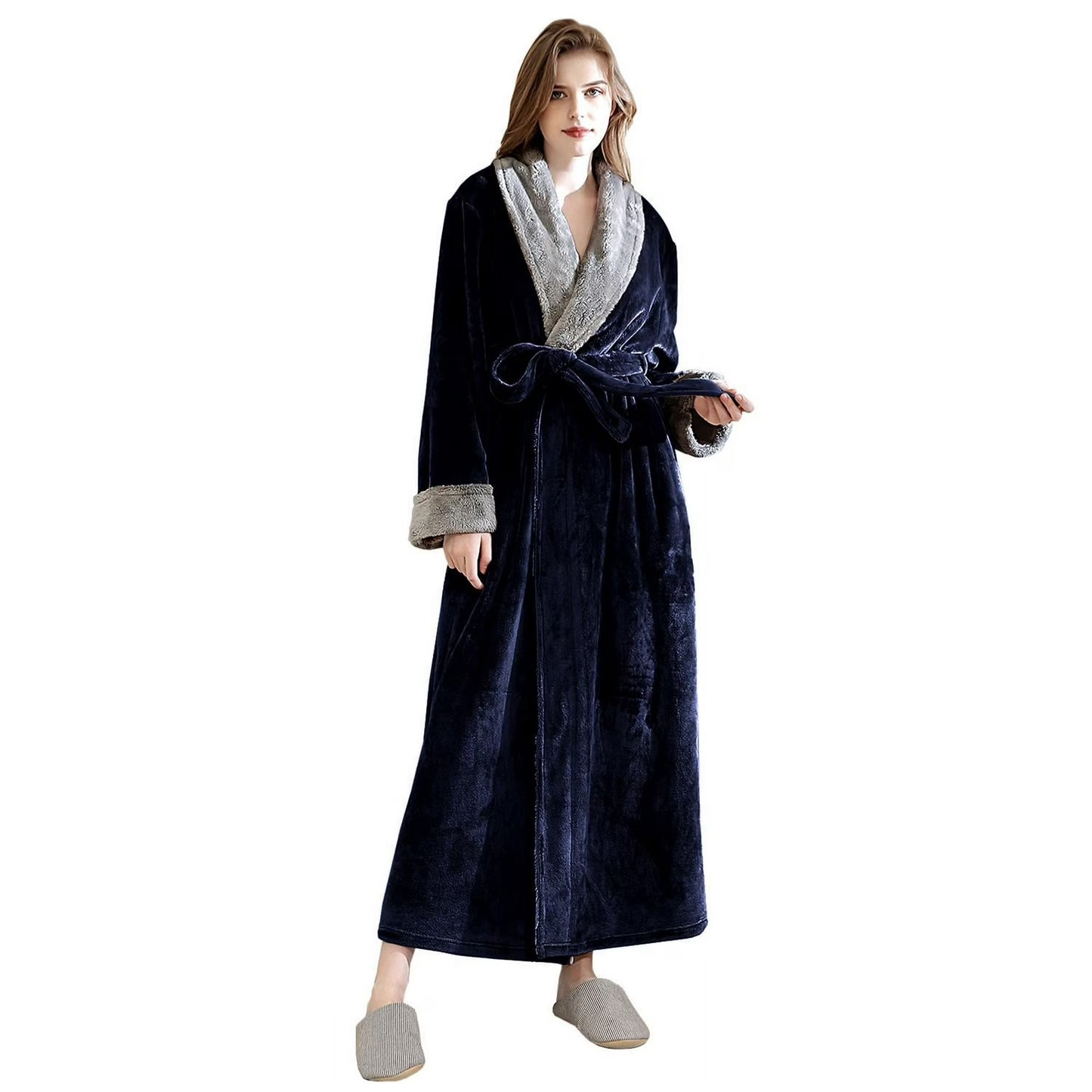 Women's Fleece Long Robe Warm Flannel Sherpa Trim Plush Bathrobe with Belt Pockets