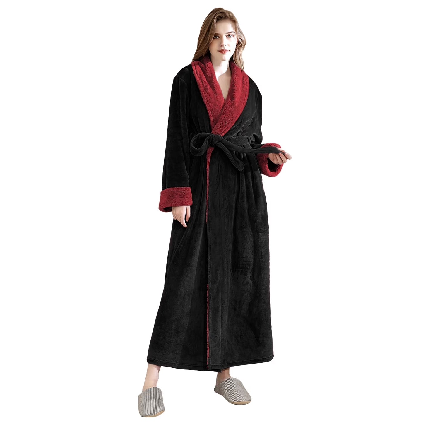 Women's Fleece Long Robe Warm Flannel Sherpa Trim Plush Bathrobe with Belt Pockets