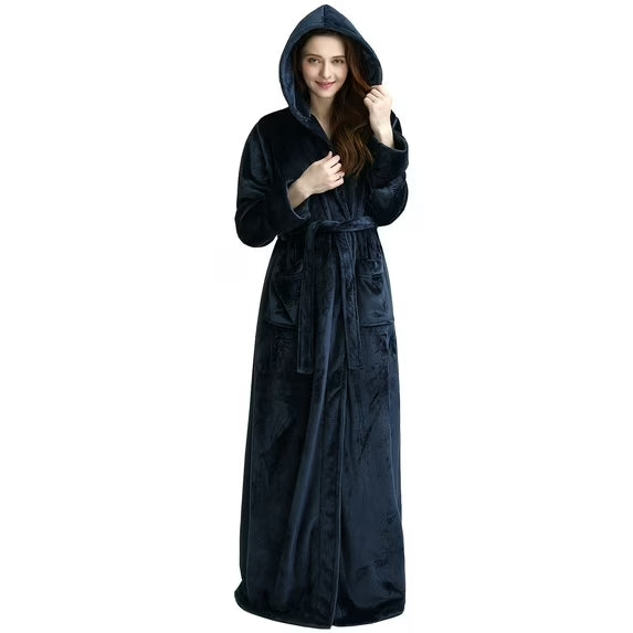 Women's Long Hooded Robe Luxurious Flannel Fleece Bathrobe with Mid-calf Ankle Full Floor Length