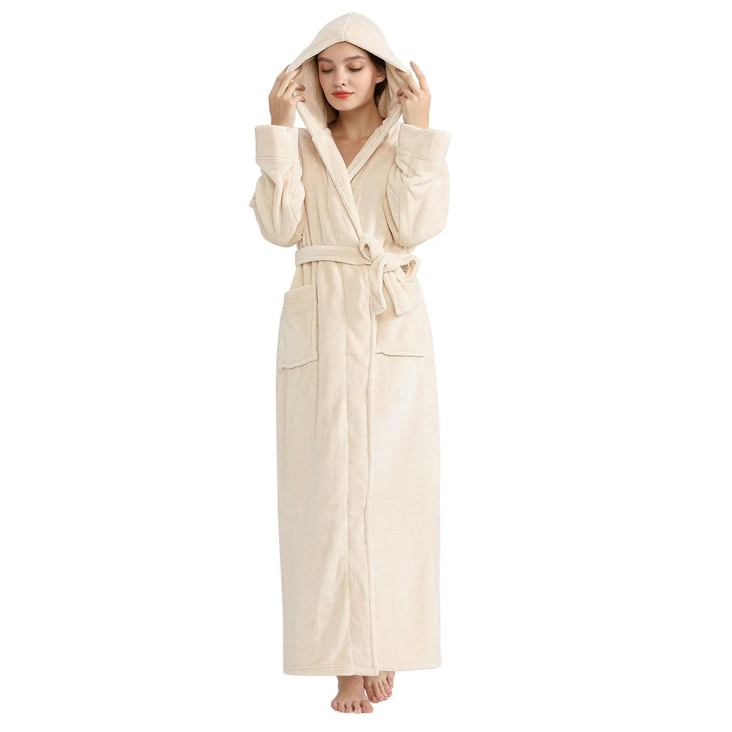 Women's Long Hooded Robe Luxurious Flannel Fleece Bathrobe with Mid-calf Ankle Full Floor Length