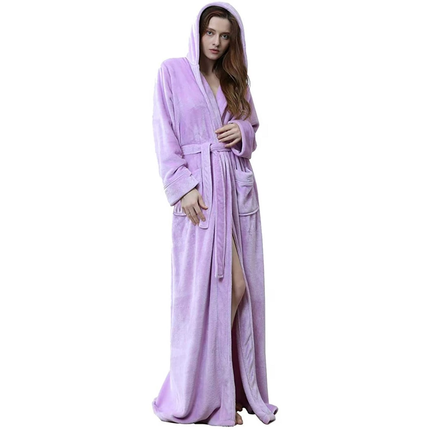 Women's Long Hooded Robe Luxurious Flannel Fleece Bathrobe with Mid-calf Ankle Full Floor Length
