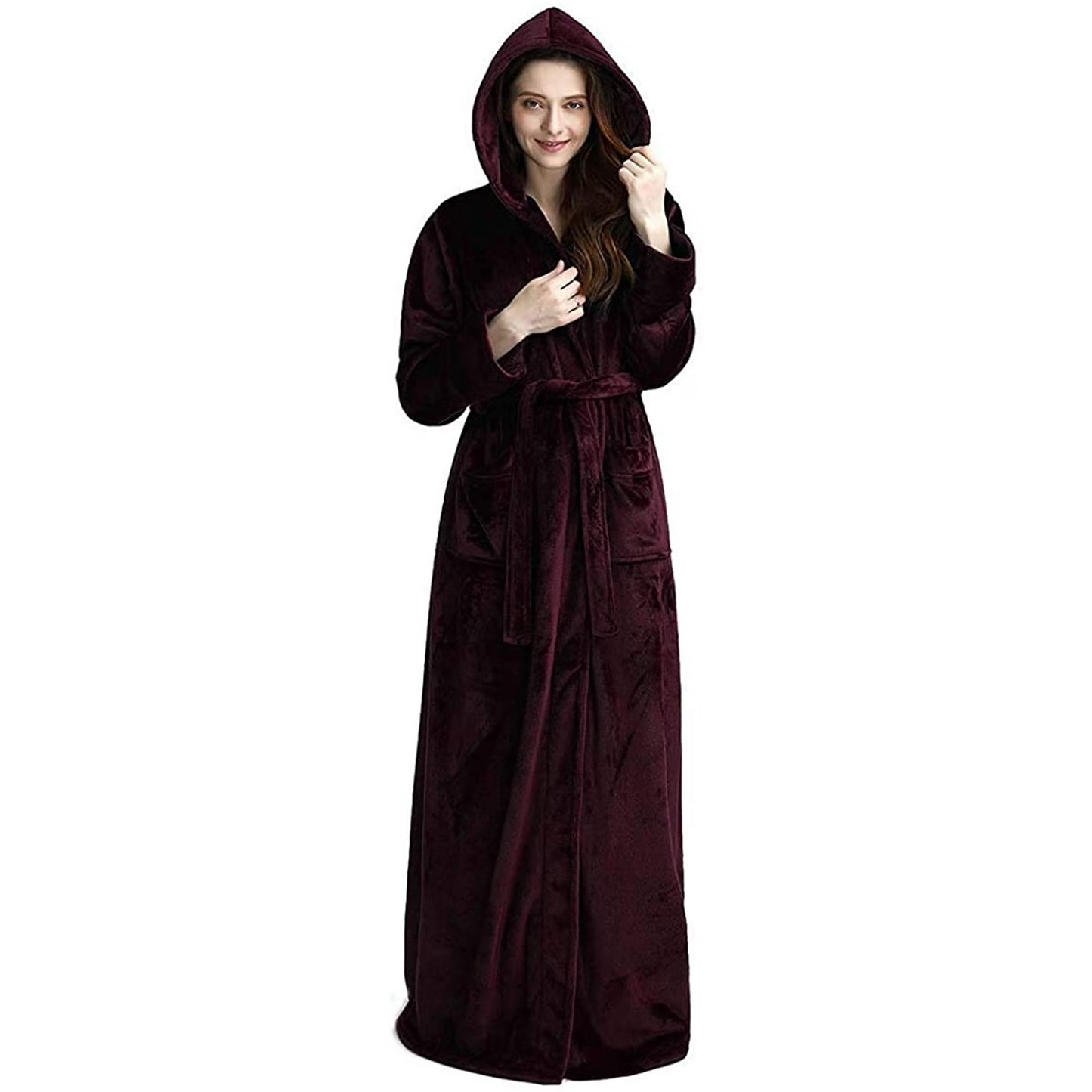Women's Long Hooded Robe Luxurious Flannel Fleece Bathrobe with Mid-calf Ankle Full Floor Length
