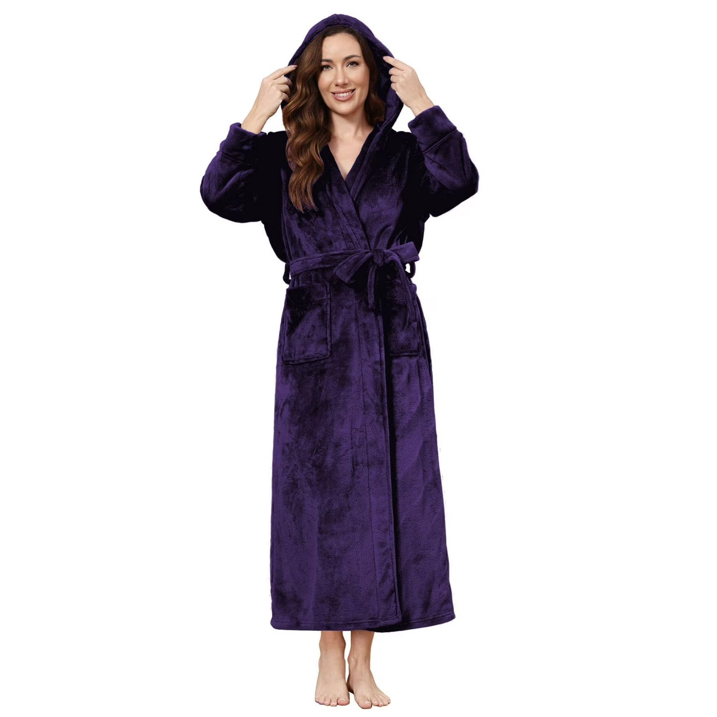 Women's Long Hooded Robe Luxurious Flannel Fleece Bathrobe with Mid-calf Ankle Full Floor Length