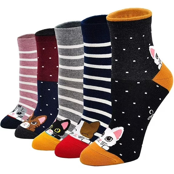 Cat Socks Womens Cute Animal Ankle Socks Novelty Funny Crew Sock Ladie Girls Soft Cotton Quarter Socks, 5 Pairs