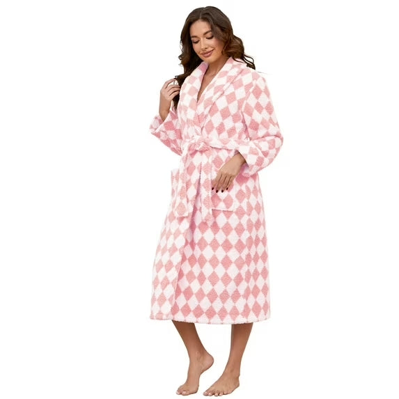 Robes for Women – AMITOFO Thick Fluffy Fleece Womens Robe, Long Plaid Bathrobe with Pockets and Belt, Soft Warm Sleepwear for Spa, Home & Winter