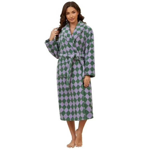 Robes for Women – AMITOFO Thick Fluffy Fleece Womens Robe, Long Plaid Bathrobe with Pockets and Belt, Soft Warm Sleepwear for Spa, Home & Winter