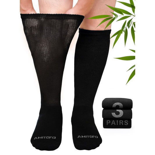 AMITOFO 3 Pairs Bamboo Viscose Diabetic Socks for Men & Women – Extra Wide Loose Top Knee High Socks for Swollen Feet, Edema Relief, Black or Multicolor