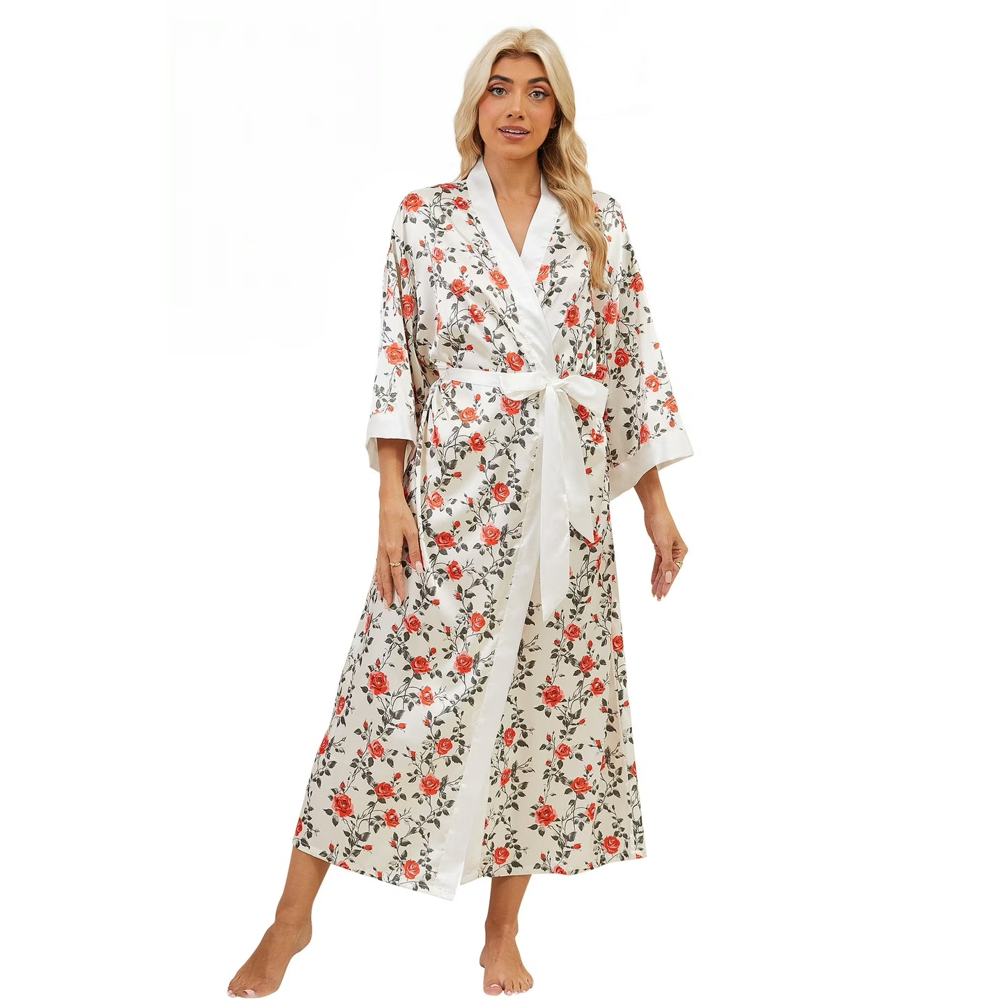 AMITOFO Long Silk Kimono Robes for Women Lightweight Silky Satin Floral Bathrobe Soft Cozy Ladies Housecoat Loungewear
