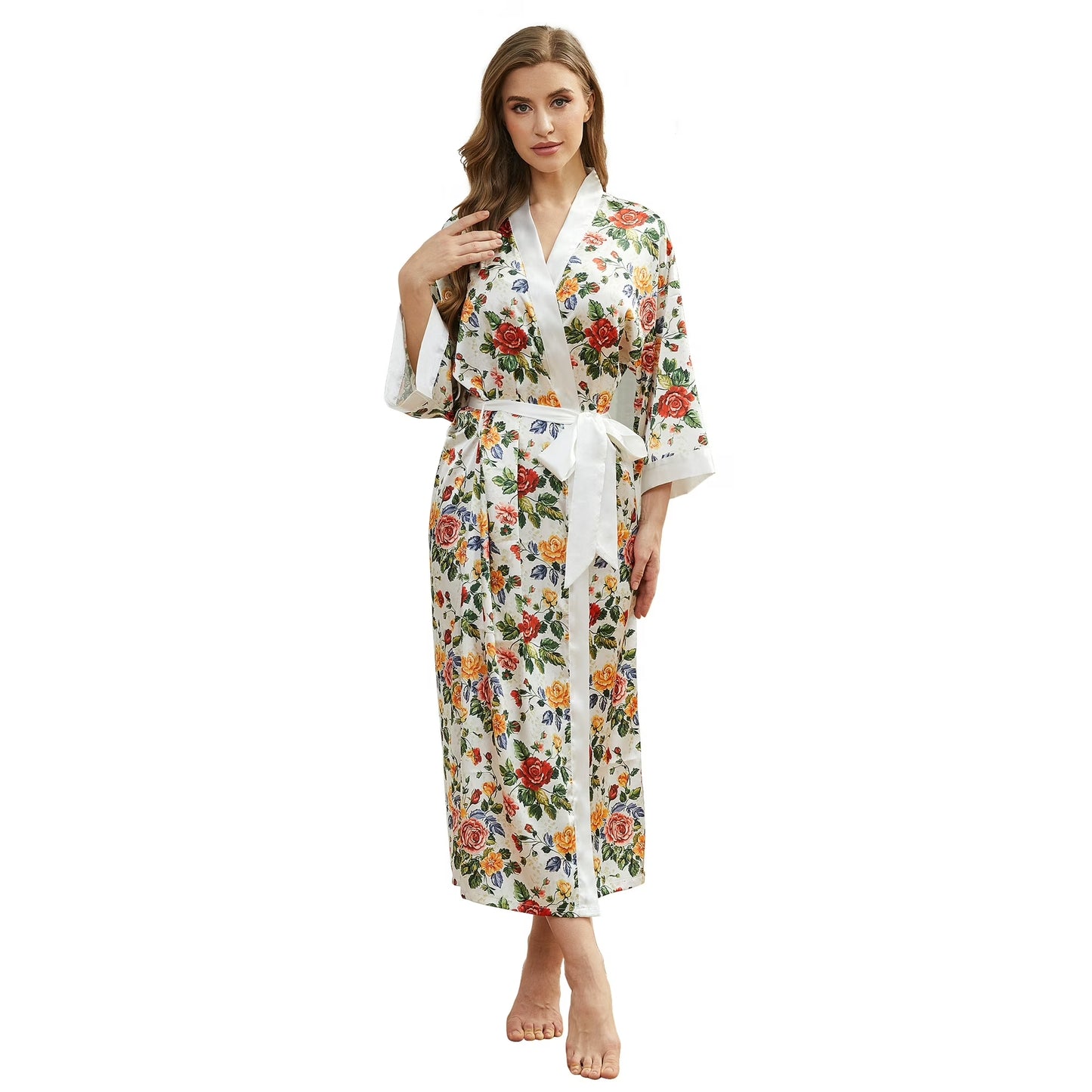 Long Satin Kimono Robes for Women – Lightweight Silky Floral Bathrobe with 3/4 Sleeves,