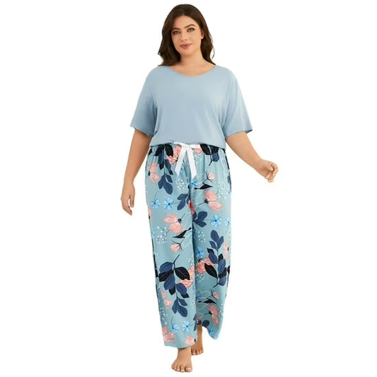 Round Neck Soft Rayon Sleepwear Loungewear, Lightweight Short Sleeve Top and Floral Pants PJS for Home & Bedroom