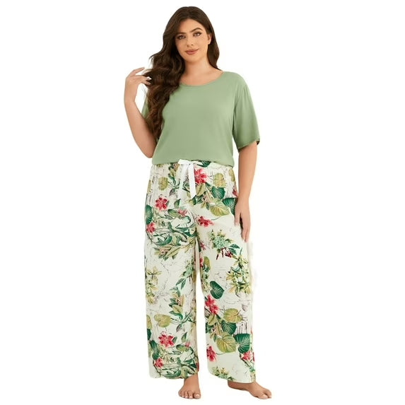 Round Neck Soft Rayon Sleepwear Loungewear, Lightweight Short Sleeve Top and Floral Pants PJS for Home & Bedroom