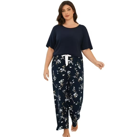 Round Neck Soft Rayon Sleepwear Loungewear, Lightweight Short Sleeve Top and Floral Pants PJS for Home & Bedroom