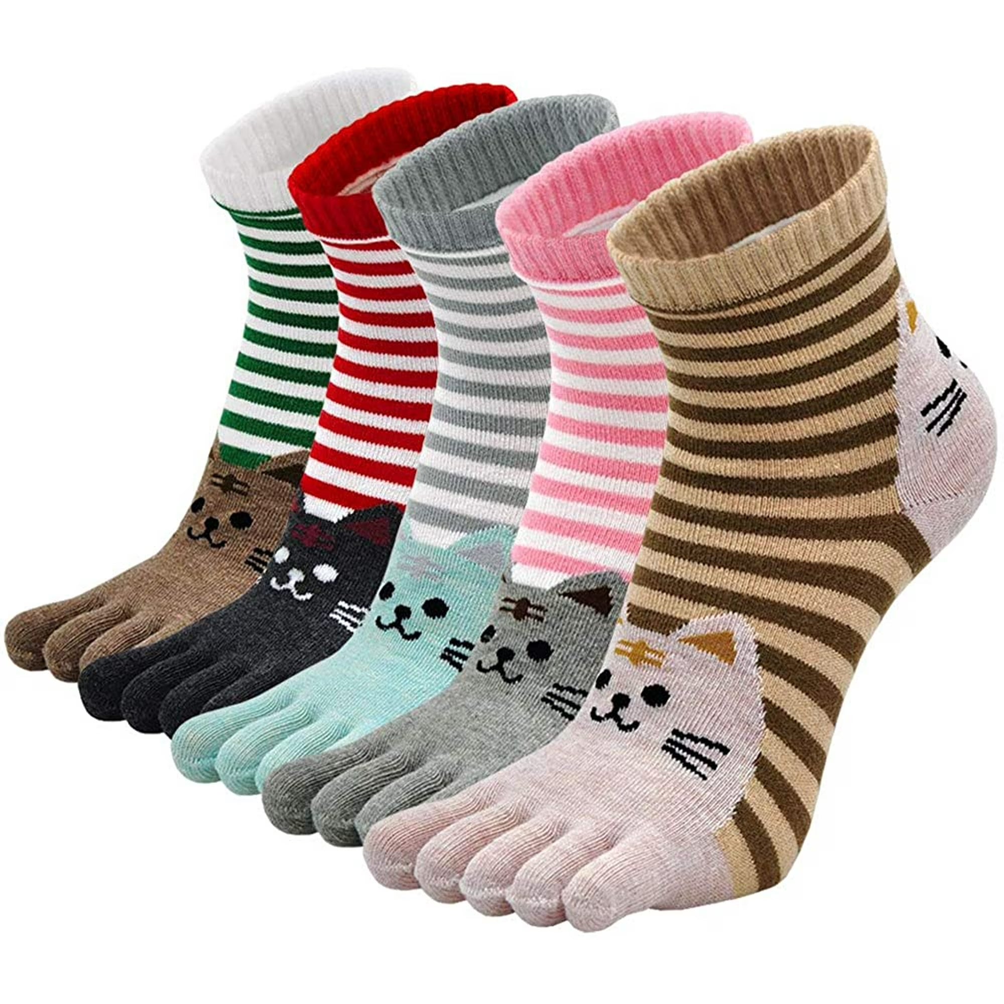 Womens Toe Socks 5 Finger Cotton Comfy Novelty Cute Cat Animal Athleti ...
