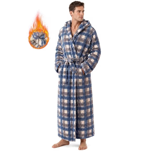 AMITOFO Long Robes for Men with Hood & Pockets，Soft Plush Full Length Hooded Bathrobe Winter Warm Fleece Sleepwear Shawl Collar Housecoat