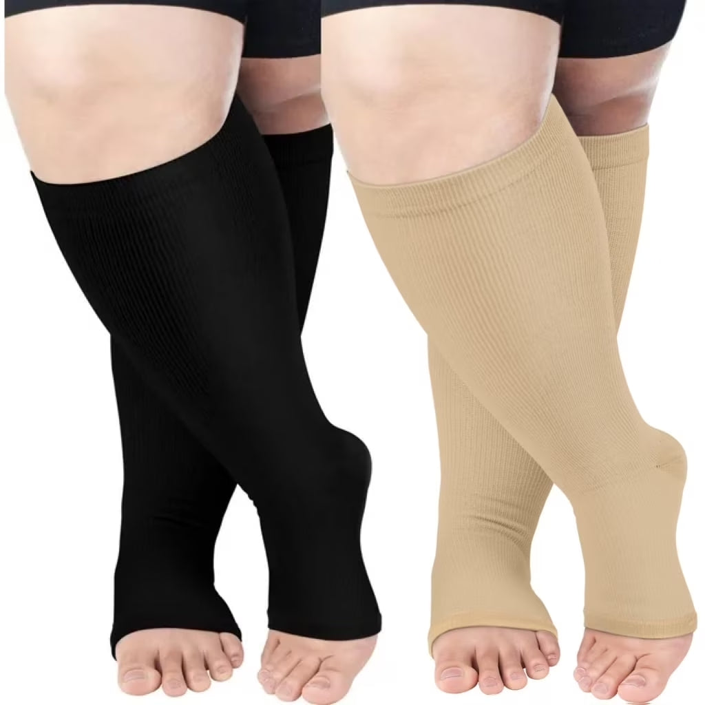 AMITOFO Compression Socks for Women Wide Calf 2 Pairs Plus Size Toeless Compression Socks 20-30mmHg Mens Knee High Support Stockings Open Toe for Medical | Circulation | Nurse | Running