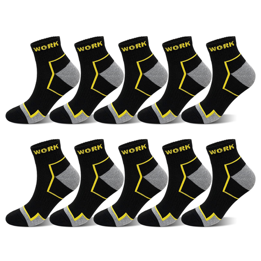 Mens Work Socks, AMITOFO Durable Boot Socks for Men, Breathable Cushioned Reinforced Toe & Heel Compression Arch Support Outdoor Workwear Ankle Socks, Black 10 Pack
