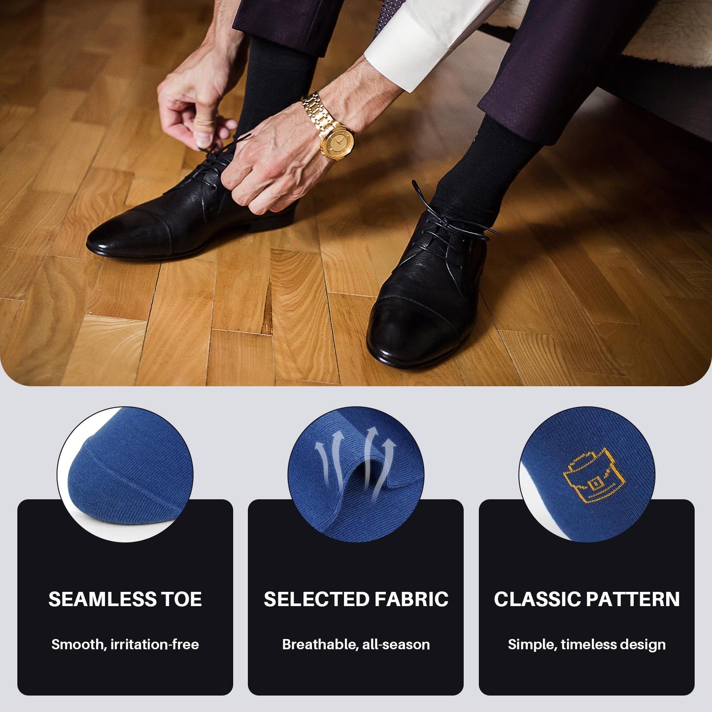 Mens Dress Socks, AMITOFO Cotton Breathable Pattern Socks with Non-Binding Loose Top, Classic Mid Calf Socks for Office and Business Wear, 6 Pairs