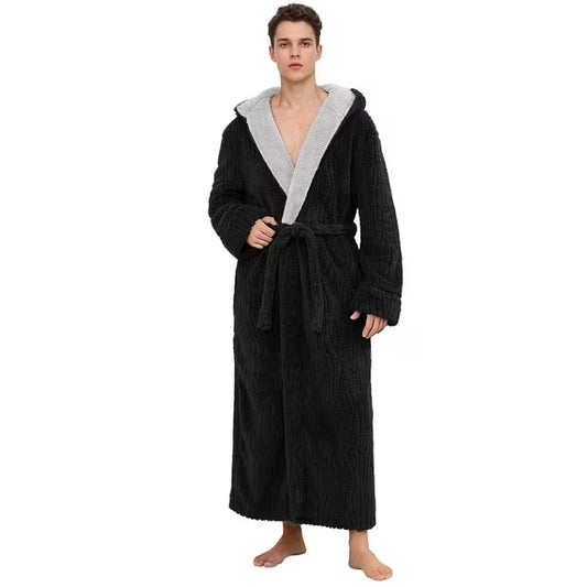 Long Robes for Men, Soft Fluffy Fleece Bath Robe with Front Pocket, Winter Warm Plush Hooded Men's Robes, Adjustable Belt