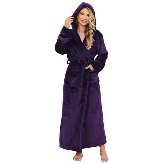 Women's Hooded Plush Robe – Soft Warm Fleece Long Bathrobe, Cozy Spa Housecoat with Pockets