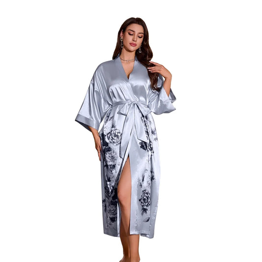 Long Silk Kimono Robes for Women Lightweight Silky Satin Floral Bathrobe Soft Cozy Ladies Housecoat Loungewear