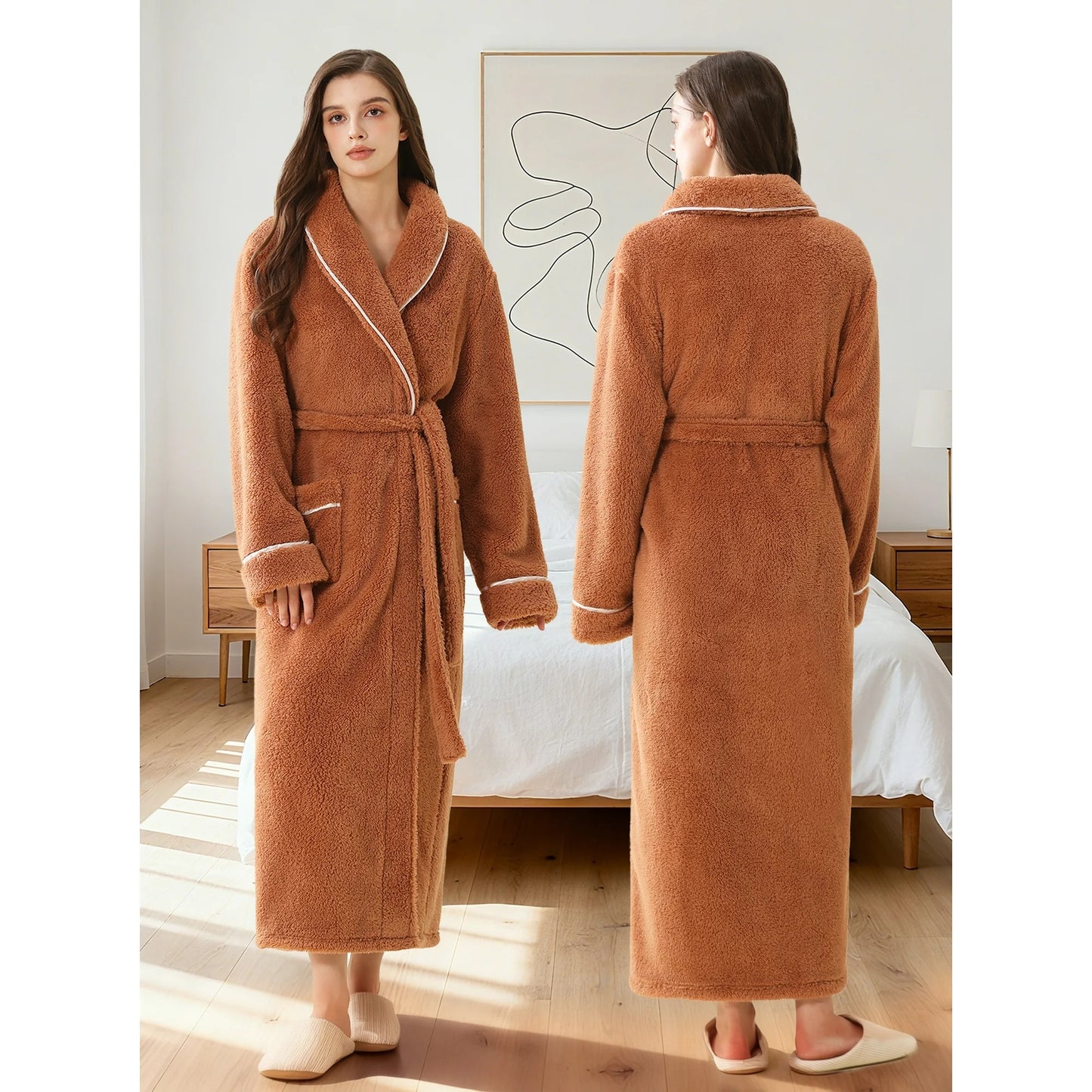 Women’s Thick Long Robe with Contrast Piping V-Neck – Soft Warm Winter Housecoat with Waist Belt and Side Pockets