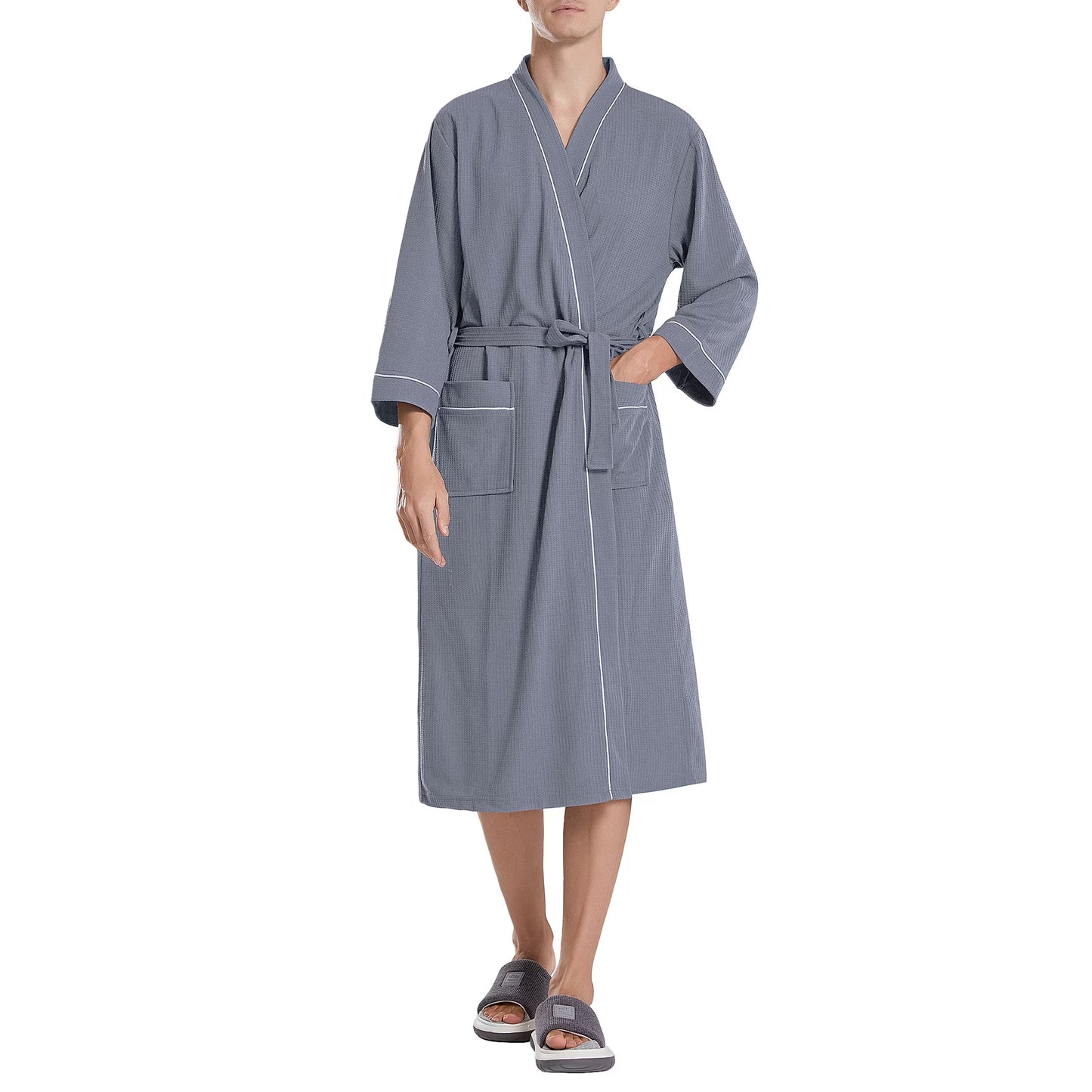 Men’s Waffle Robe, 3/4 Sleeve Lightweight Bathrobe for Men, Breathable Kimono Spa Robe Hotel Lounge Shower Robe for Home Travel Resort