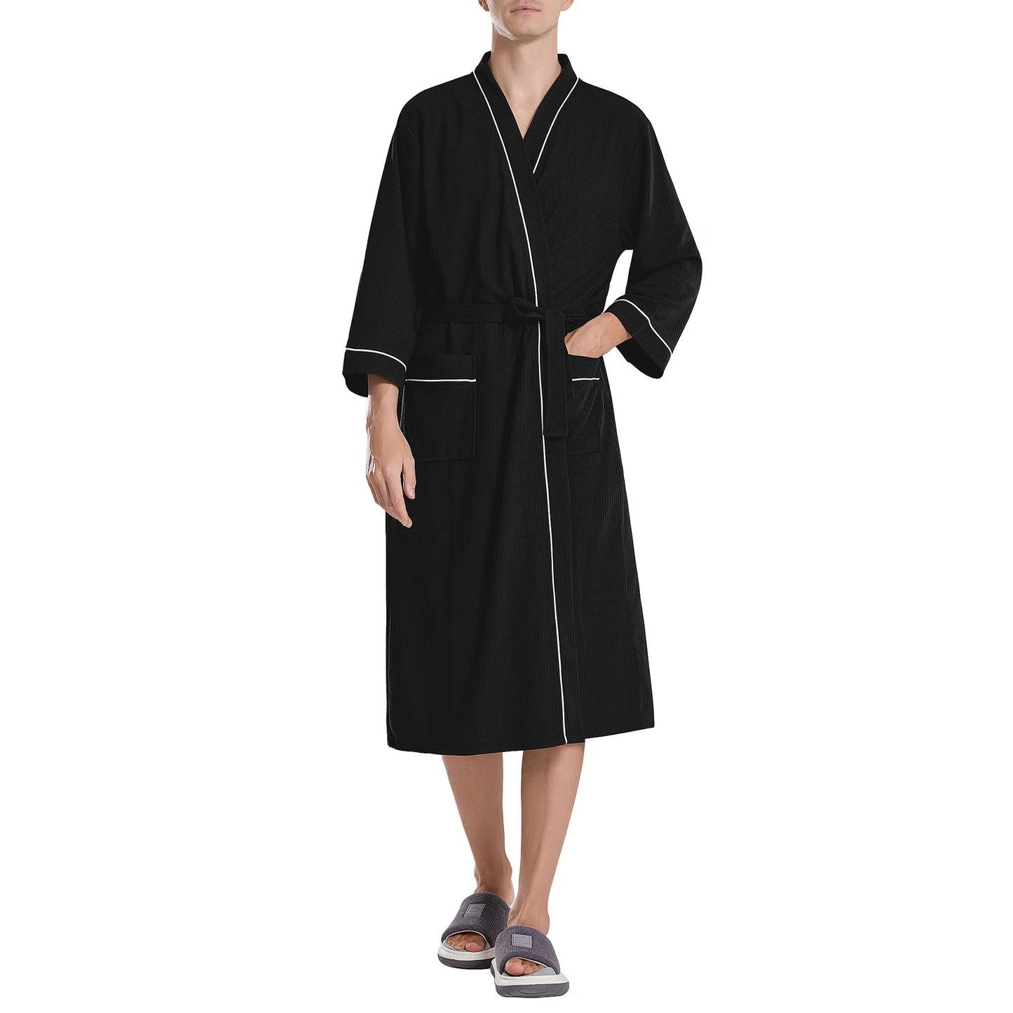 Men’s Waffle Robe, 3/4 Sleeve Lightweight Bathrobe for Men, Breathable Kimono Spa Robe Hotel Lounge Shower Robe for Home Travel Resort
