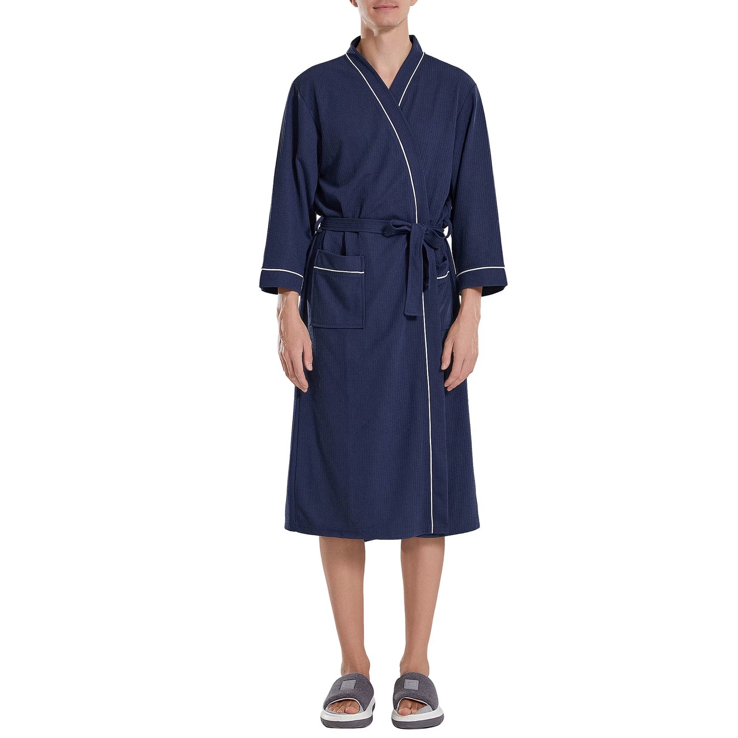Men’s Waffle Robe, 3/4 Sleeve Lightweight Bathrobe for Men, Breathable Kimono Spa Robe Hotel Lounge Shower Robe for Home Travel Resort