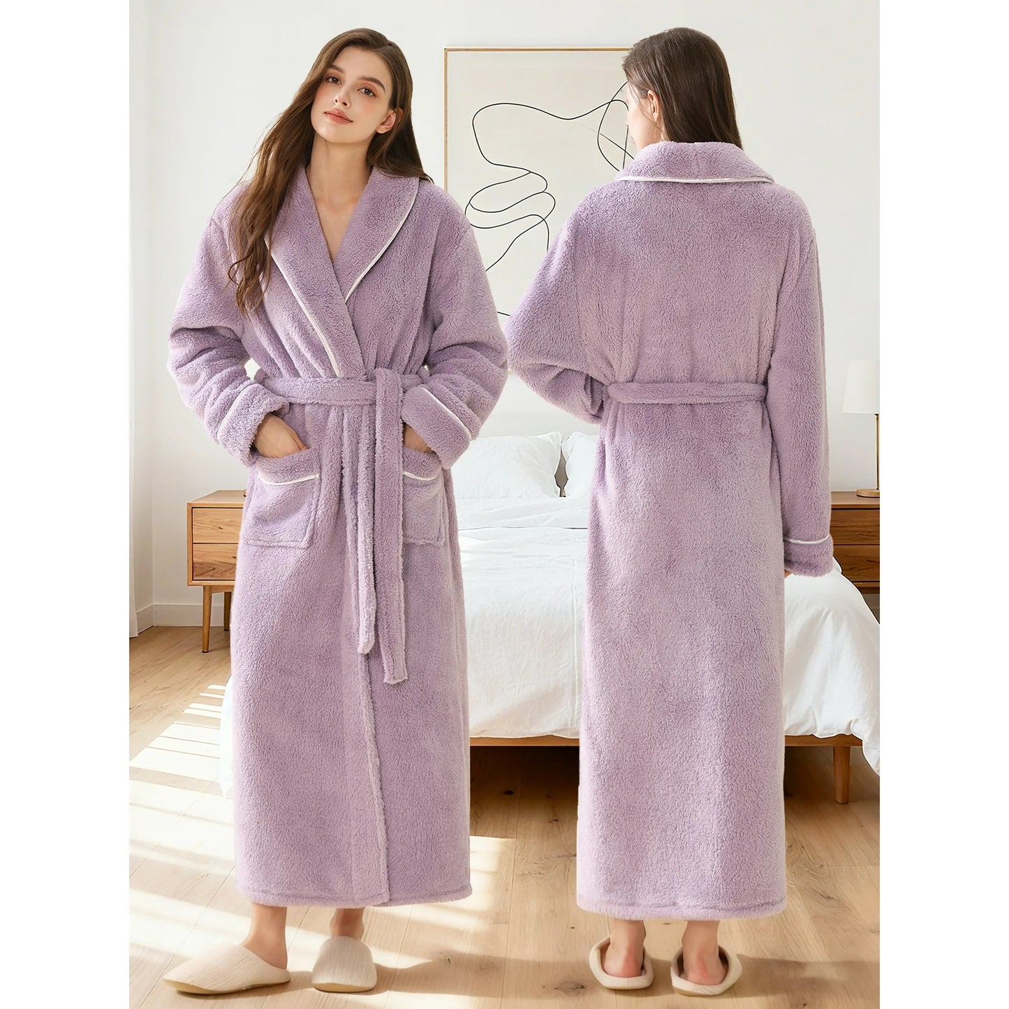 Women’s Thick Long Robe with Contrast Piping V-Neck – Soft Warm Winter Housecoat with Waist Belt and Side Pockets