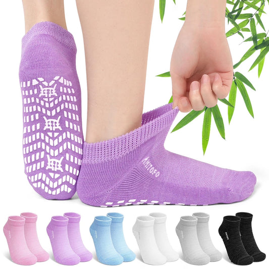 AMITOFO Bamboo Viscose Ankle Diabetic Socks for Women , 6 Pair Loose Fitting Non-Binding Top, Breathable Moisture-Wicking Socks with Cushioned Sole, Seamless Toe and Non-Slip Grips