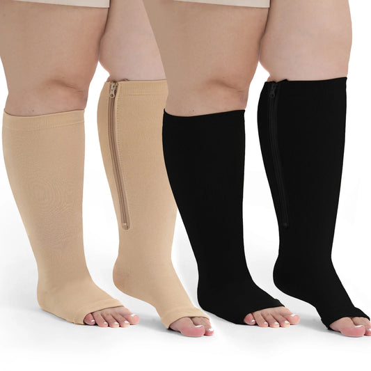 Compression Socks for Women: Open Toe Compression Socks for Women Men 20 30 mmHg with Zipper - Toeless Compression Socks Wide Calf Plus Size Improves Blood Circulation Relieves Swell