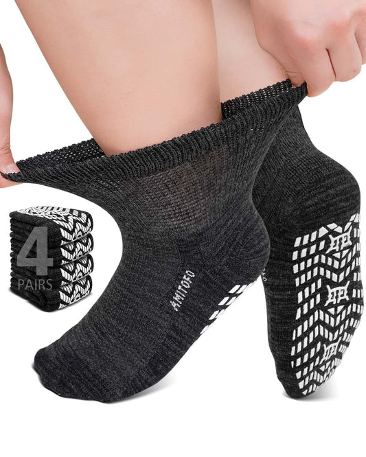 Bamboo Viscose Ankle Diabetic Socks for Men and Women, 4 Pair Non Binding Seamless Toe Slipper Socks with Non Slip Grippers for Women Wide Calf