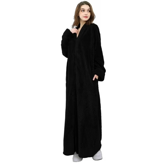 Womens Zip Up Fleece Robe Warm Loose Flannel Fleece Bathrobe Plush Zipper Lounger Robe for Ladies